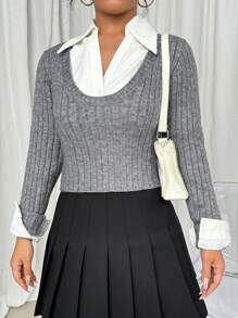 SHEIN Unity Áo len nữ dáng ôm, hoàn hảo để mặc nhiều lớp, áo len chui đầu mùa thu đông. - Xám - Xem 6