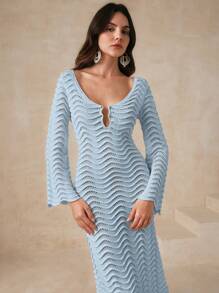 Solid Color Sexy Knitted Hollow Out Wave Flared Sleeve Beach Dress For Summer Beach Vacation - Blue - View 4