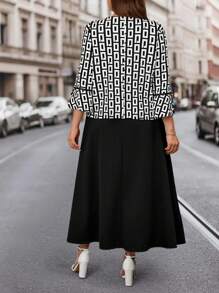 SHEIN Clasi Bộ 2 món/bộ cỡ lớn, áo khoác dài tay hở phía trước in họa tiết toàn thân và váy không tay có cạp chun, trang phục công sở thanh lịch và nhẹ nhàng cho nữ - Đen và trắng - Xem 2