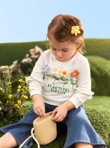 SHEIN Baby Girls' Lovely Flower Printed Long Sleeve Sweatshirt - White - View 4