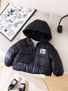 SHEIN Áo khoác độn có mũ trùm đầu màu trơn dày lót nhiệt cho bé trai có miếng vá thêu, mùa thu và mùa đông - Nhiều màu - Xem 15