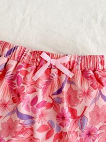 Cozy Pixies Baby Girl Elastic Waistband Casual Shorts With Floral Patterned Ribbon Decoration - Pink - View 4