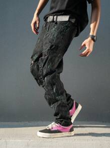 Manfinity Roghcode 男士墨迹印花破洞时尚休闲牛仔裤，带口袋，黑色宽松牛仔裤 - 彩色 - 查看 5