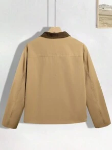 Manfinity Homme Men's Corduroy Collar Contrast Color Pocket Front Button And Zipper Closure Jacket, Daily Casual - Khaki - View 2