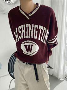 DAZY Men's V-Neck Striped Letter Printed Loose Comfortable Daily Casual Autumn Sweater Business Attire - Red - View 4