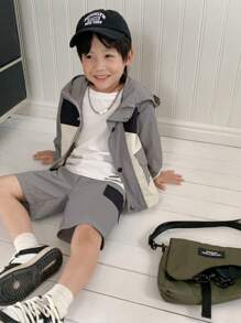 SHEIN 2pcs/Set Young Boys' Casual Hooded Long Sleeve Patchwork Work Jacket&Belted Work Pocket Shorts Suit,Comfortable Breathable For Daily Wear,Autumn - Grey - View 6