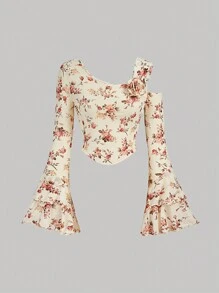 SHEIN MOD 女式花卉不对称领 T 恤，荷叶边袖子，不对称上衣，网眼上衣，秋季上衣，秋季上衣