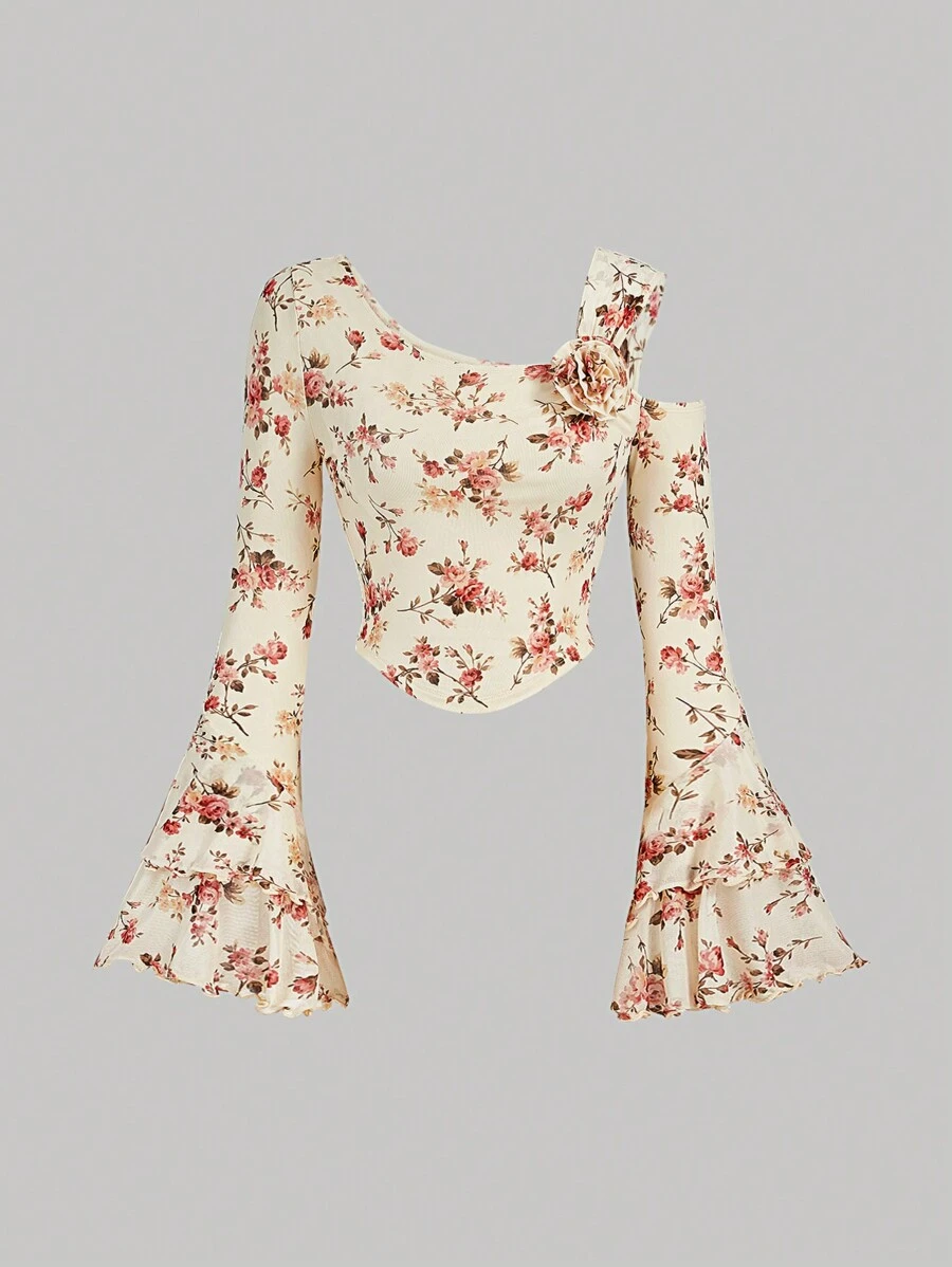 SHEIN MOD 女式花卉不对称领 T 恤，荷叶边袖子，不对称上衣，网眼上衣，秋季上衣，秋季上衣