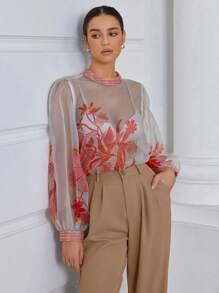 GENKIRA Áo sơ mi dài tay xuyên thấu Organza in ngẫu nhiên theo phong cách tối giản thời trang - Nhiều màu - Xem 1