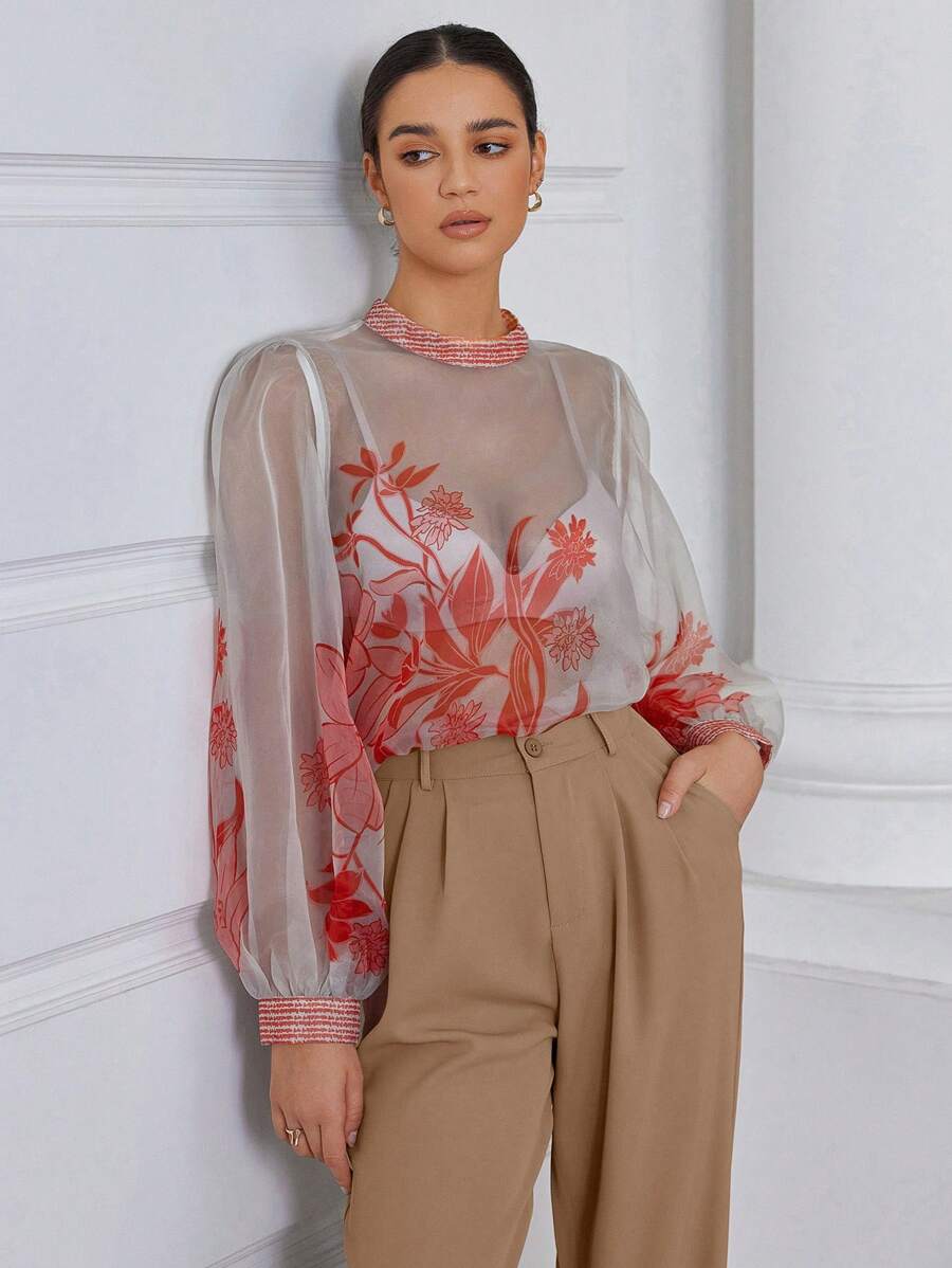 GENKIRA Áo sơ mi dài tay xuyên thấu Organza in ngẫu nhiên theo phong cách tối giản thời trang - Nhiều màu - Xem 1