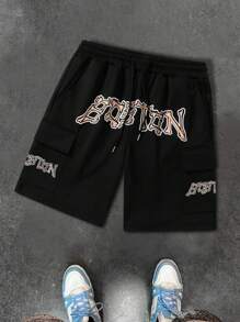 Manfinity LEGND 男士字母印花束口口袋短褲，日常休閒穿著 - 黑色 - 查看 3