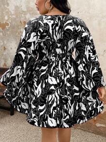 大码假日休闲全印花喇叭袖连衣裙 - 黑色 - 查看 2