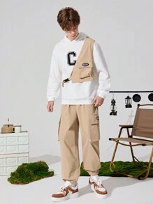 SHEIN 2pcs Teen Boys' Casual Khaki Vest With Multi-Pockets And White Hooded Printed Sweatshirt With Thermal Lined , Plus Khaki Jogger Cargo Pants. Suitable For Fall, Winter, Sports, Camping, Hiking, Daily Wear - Multicolor - View 6