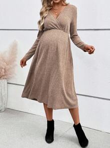 SHEIN Maternity Casual Overlapping V-Neck Long Sleeve Ribbed Casual Dress