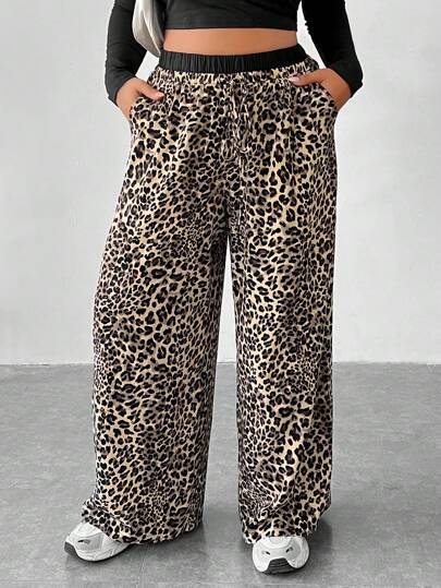 SHEIN EZwear Plus Size Leopard Print Double Waist Wide Leg Pants