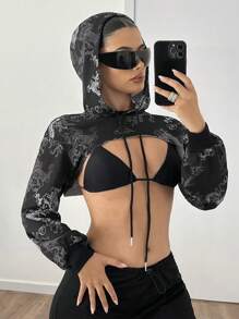 SHEIN ICON 女士时尚印花短款连帽衫 - 黑色 - 查看 7