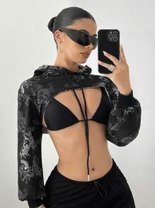 SHEIN ICON 女士时尚印花短款连帽衫 - 黑色 - 查看 3