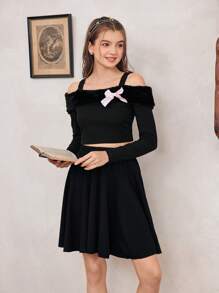 Teen Girl's Autumn/Winter Two-Piece Set, Including A Long-Sleeved Top With Fluffy Shoulder Strap And Bow Decoration, And A Black Elegant Skirt, Perfect For Party Events