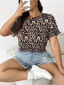 CovetEZ 大尺碼女士豹紋簡約日常短袖T恤 - 黑色 - 查看 4