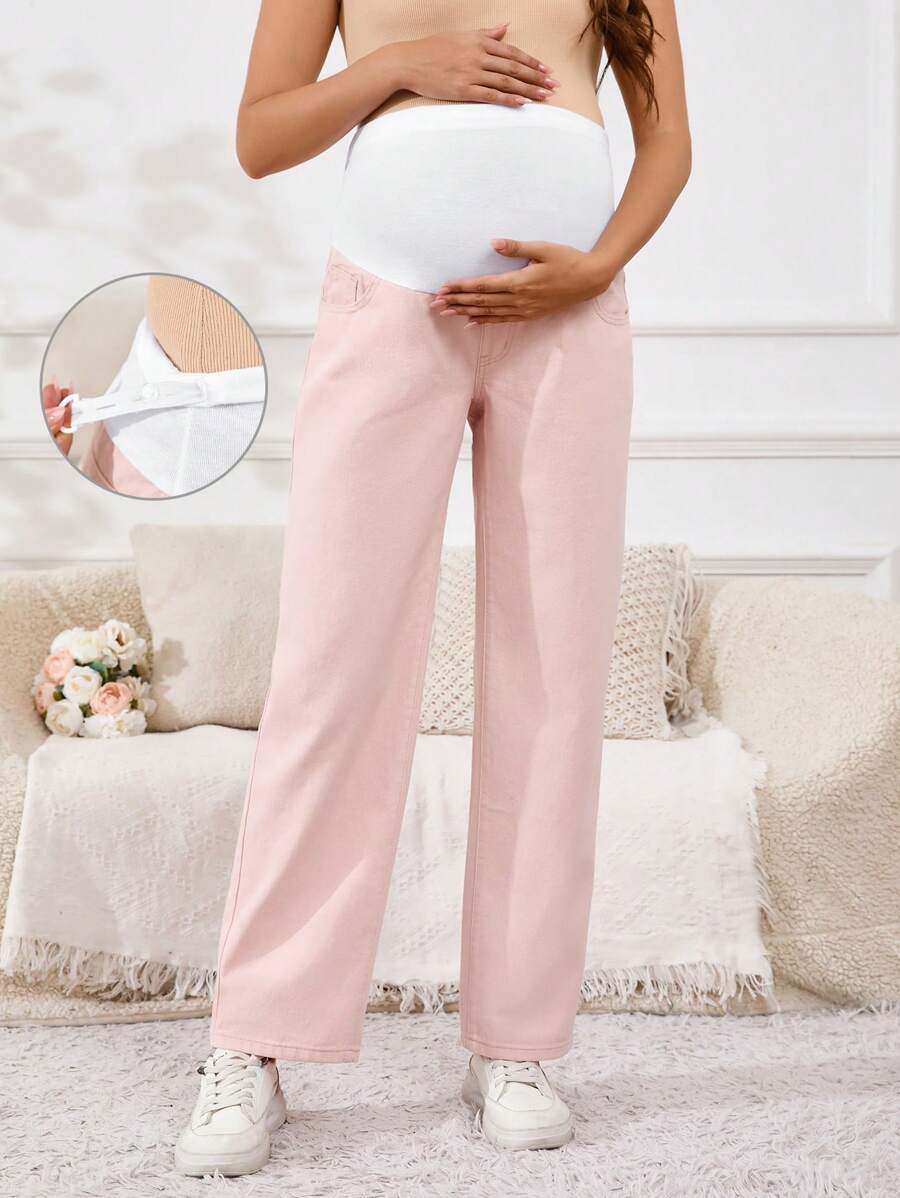 SHEIN 孕婦可調腰直筒牛仔褲,休閒多變 - 淺粉色 - 查看 1