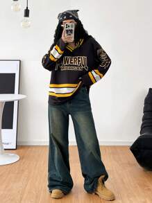 Coolane Women's  Fall/Winter Casual  Ricing Sportswear Number Graphics  Black Over Size  Long Sleeve  Jersey T Shirt