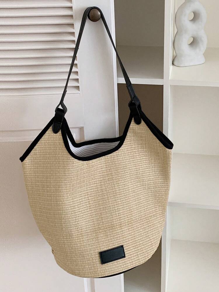 Large Capacity Woven Straw Shoulder Bag, Perfect For Vacation And Leisure Activities