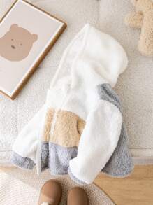 SHEIN 嬰兒男/女休閒可愛簡約色塊毛茸茸連帽外套，秋冬季 - 彩色 - 查看 8