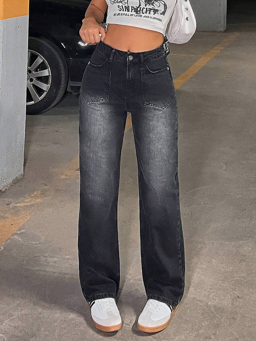 EURMUSE Pantaloni casual din denim pentru femei cu buzunar frontal cu nasturi, ținute de zi cu zi - Negru - Vizualizare 1