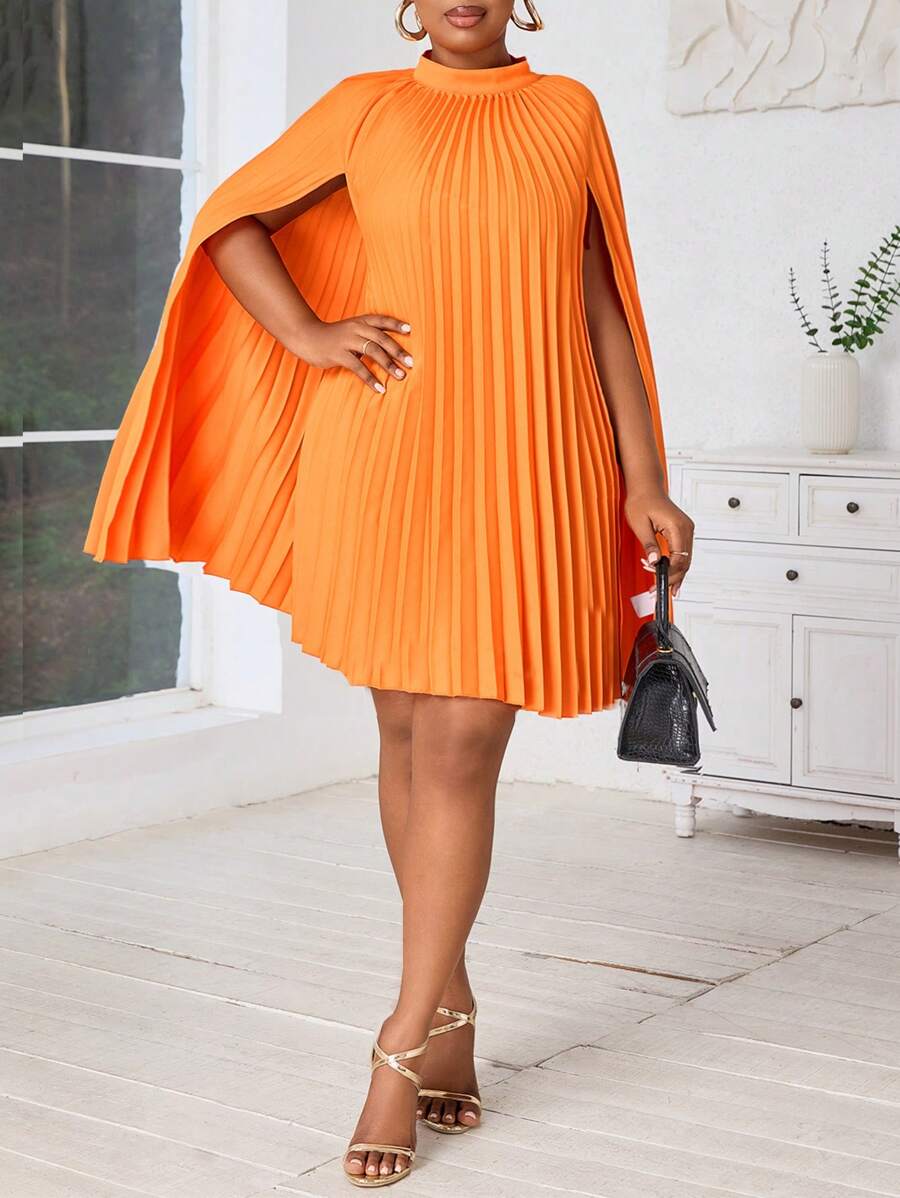 SHEIN Lady Plus Size Pleated Shawl Collar Loose Formal Dress In Orange ...