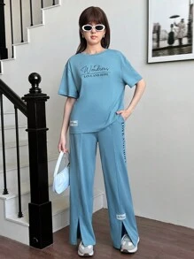 SHEIN Conjunto de camiseta con patrón impreso en inglés y pantalón largo informal para niña adolescente, azul cielo, 2 piezas - Agua verde azul - Ver 6