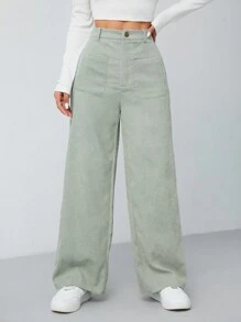 SHEIN PETITE 女士秋冬薄荷綠色雙口袋直筒褲 - 綠色 - 查看 7