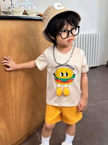 SHEIN Baby Boys' 2pcs Casual Outfit - 3D Cartoon Printed Hamburger Short Sleeve T-Shirt And Solid Color Big Pocket Shorts For Daily Wear