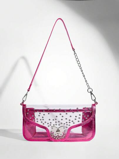 SHEIN BAE Fashionable Transparent Rhinestone Decor Chain Spliced Small Shoulder Bag