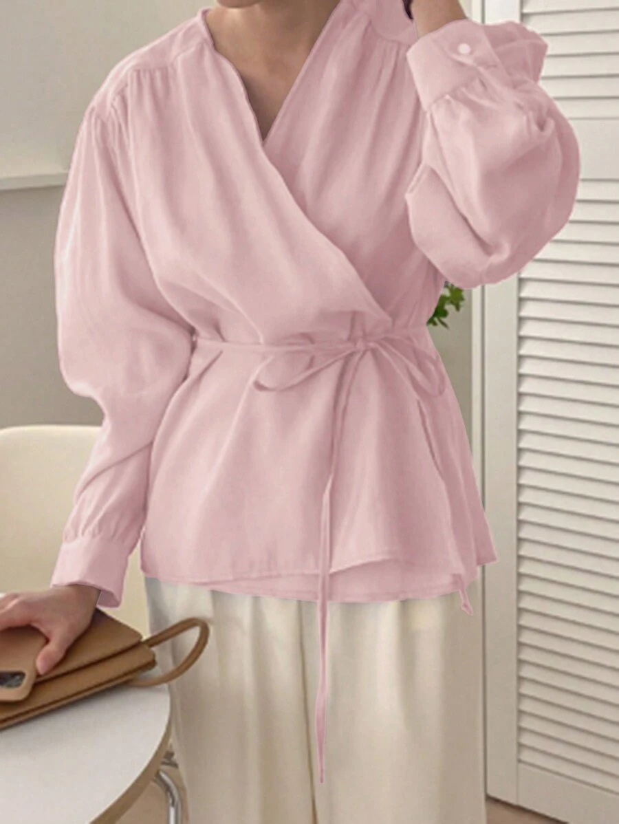 DAZY Women's Spring & Autumn Casual Solid Color Wrap Belted Shirt Long Sleeve Top - Pink - View 1