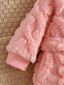 女婴提花毛绒连帽连体衣，秋冬款 - 粉色 - 查看 4