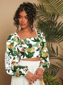 Travachic 女士度假风格编织印花修身短款灯笼袖方形领衬衫、女式衬衫、秋装 - 彩色 - 查看 4