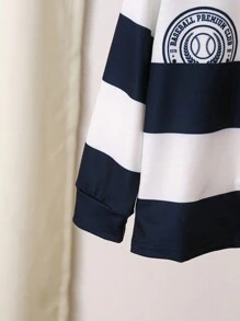 SHEIN Young Boys' Casual Sporty College Wide Striped Polo Shirt With Badge & Number Print, Blue & White, Suitable For Autumn Wear Alone, Suitable For Winter Wear With Outerwear, Suitable For Sports, Suitable For School,Holiday,Summer,Travel