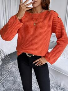 Chiquease Casual Orange Shoulder Button Decorated Sweater, Autumn/Winter Knit Pullover Fall Outfit