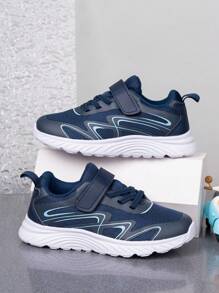男童春秋双网眼透气运动鞋，轻便柔软的网眼鞋面，可调节钩环带，易于穿着，纯色橡胶鞋底，适合学校和校园的多功能跑鞋 - 藏蓝色 - 查看 6