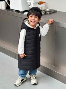 SHEIN 1pc Boys Casual Cute Daily Comfortable Versatile Warm Black Long Hooded Padded Coat, Suitable For Outings, School, Gatherings, Autumn & Winter - Multicolor - View 4