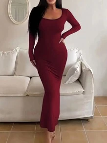 INAWLY Solva Vestido largo de ajuste ceñido de unicolor informal para mujer primavera/otoño - Burdeos - Ver 8