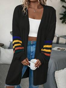 SHEIN LUNE 大码女式拼色简约日常长袖开衫，适合冬季 - 黑色 - 查看 7