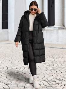 EURMUSE Plus Hooded Padded Jacket With Pocket Details - Black - View 5