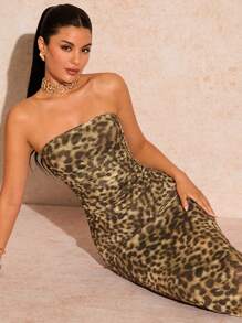 Glamine Women's Summer Fashion Leopard Print Ruched Bodycon Strapless Dress - Khaki - View 5