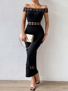 Chiquease 女士夏季露肩短袖修身长裙蕾丝花边拼接超长女装 - 黑色 - 查看 3