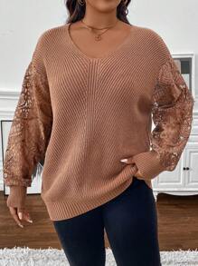 SHEIN Clasi Plus Size Winter Elegant And Casual Textured Sweater With Sexy Hollow Lace Sleeve Design, Providing Warmth, Suitable For Gatherings, Work, Outings, Holidays, Shopping, And Home,Fall Sweaters,Winter Clothes,Basic Top,Elegant Woman Clothing - Khaki - View 6