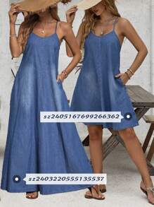 EMERY ROSE Holiday Leisure Extra Long Denim Jumpsuit Dress With Shoulder Straps - Blue - View 2