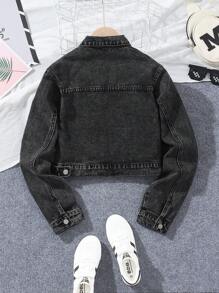 Sparklyn Teen Girl Y2K Street Flat Pockets Crop Denim Jacket, Girls Chic Autumn Winter Item