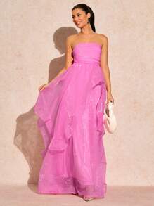 Zolique 禮服畢業典禮，女士優雅露背無肩帶網紗長裙 - 粉色 - 查看 3