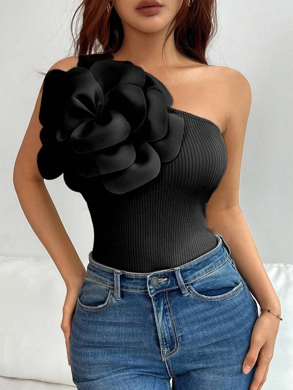 Islaluna Top de hombro descubierto con flores 3D de unicolor